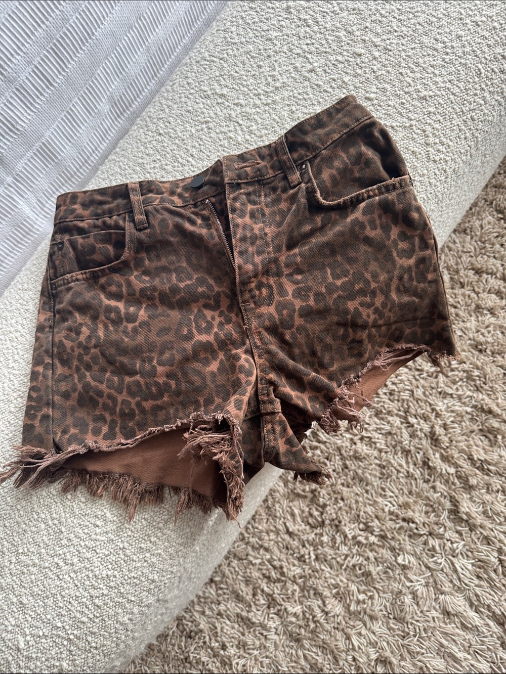 Alexander Wang Brown Leopard-Print Frayed Hem Denim Shorts